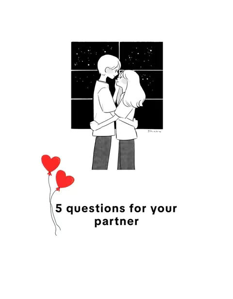 An illustrated image with a couple in an embracing pose near a window with a star-filled view. Two red heart balloons are shown on the bottom left, and text overlays appear below saying "5 questions for your partner."