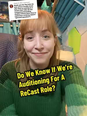 A woman with light skin and auburn hair is centered in a selfie-style video image. She wears a green and white striped sweater. On the upper left, a white speech bubble contains text in a black font. A vibrant yellow rectangle overlay, with a black border, displays the text in the bottom portion of the image.