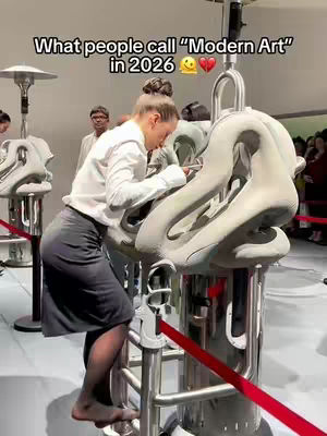 A woman in a business casual outfit is examining a sculpture-like piece of equipment. The background features a modern art exhibit setting with other people observing. The setting is an art gallery or a museum. The color pallette is neutral with primarily white, gray, and black.
