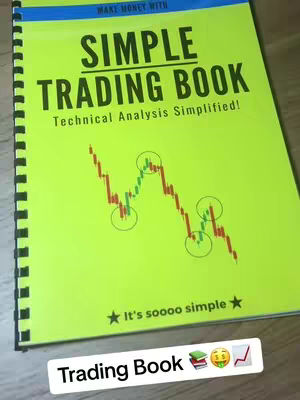 A bright yellow book with the title 'SIMPLE TRADING BOOK' and the subtitle 'Technical Analysis Simplified!' is displayed at an angle. The cover also features a simplified stock chart with green and red sections, framed by circles.