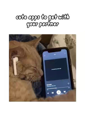 A close-up shot featuring a light-colored cat with an Airpod in its ear, laying next to a smartphone. The phone displays a music app, with the song title and controls visible. The background seems to be a patterned bedsheet.