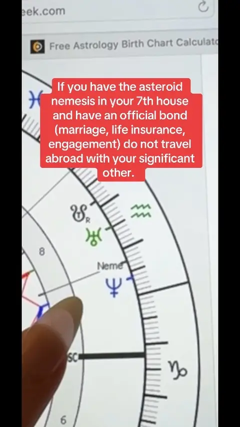 The image shows a close-up view of a smartphone or tablet screen displaying a birth chart. A red box with white text overlays part of the screen. A finger is pointing towards a section of the chart. The background is black.