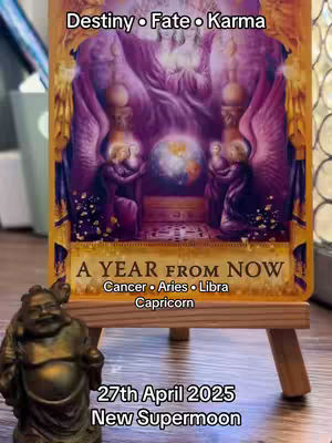 The cover image features a tarot card-like artwork displayed on a small wooden easel. The card is dominated by a fantasy illustration in shades of purple and gold. At the top, the words Destiny, Fate, Karma, are present. Below, inside a golden frame, is a scene with angelic figures surrounding a globe. The text 'A YEAR FROM NOW' stands out. At the base of the easel, a golden Buddha statue is placed, with the text '27th April 2025 New Supermoon' at the bottom.