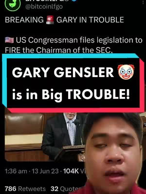 The cover image is a split scene. On the left, it showcases a Twitter post. It contains a screenshot of a tweet about Gary Gensler and the SEC, also the image includes the profile picture of a person. On the right side, there is a selfie style shot of the content creator, an Asian man with a serious expression.