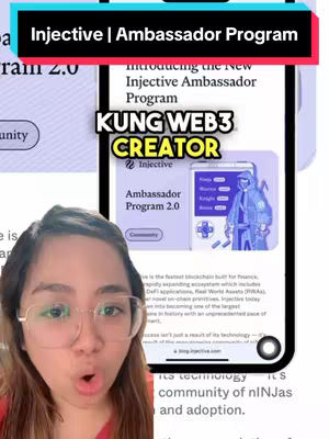 The cover image features a woman with glasses in a selfie-style shot. Her mouth is open slightly, as if in surprise or emphasis. Overlaid on the image is text in a bold font, with a mobile phone display showing an ambassador program interface. The colors are vibrant and the background is a combination of a mobile App screenshot and web information.