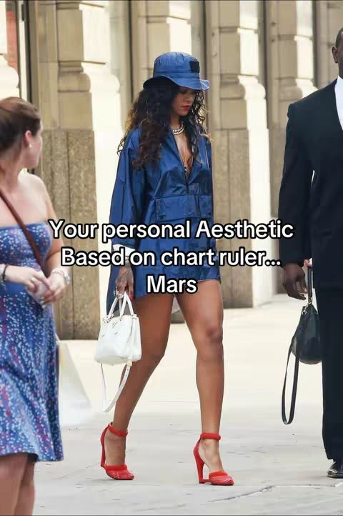 The cover image features Rihanna walking on a city street, dressed in a blue outfit, with text overlay. She's wearing a blue jacket and hat, red heels, and carrying a white purse. The background shows buildings and another person walking by.