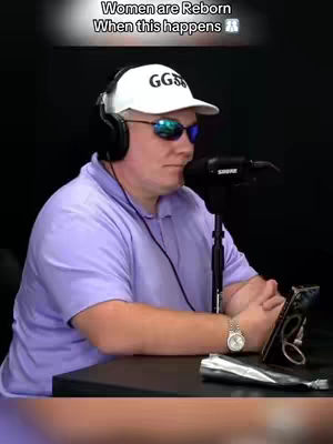 A man wearing sunglasses, a white cap with "GGS" printed on it, and headphones is positioned with a microphone. Text overlay at the top reads 'Women are Reborn When this happens.'