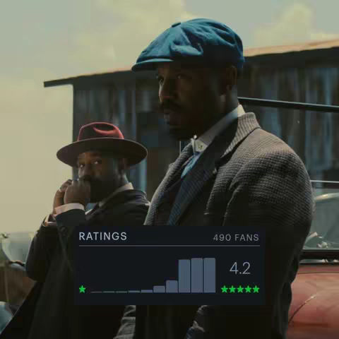 The cover image shows two Black men in a period-appropriate setting, possibly the early 20th century. The man in the foreground is wearing a dark jacket and a blue cap, while the other is in a dark suit and hat, covering his mouth with his fingers. A ratings box with a score is overlaid on the image.