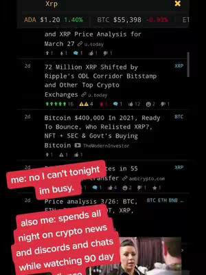 The image displays a phone screen with crypto news and comments, overlaid with colorful text boxes. In the lower right, a woman is visible, seemingly reacting to the screen's content. The color scheme is dominated by dark tones with pops of red in the text elements.