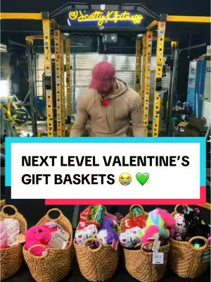 Cover image features a man in a brown hoodie and a red cap. A text overlay displays "NEXT LEVEL VALENTINE'S GIFT BASKETS" with emojis. Baskets filled with plush toys and gifts sit below.