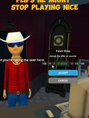 The image shows a cartoon character in a cowboy hat and sunglasses in a pawn shop-like setting, with an interface offering money in exchange for a transaction, with text overlays that provide additional messaging.