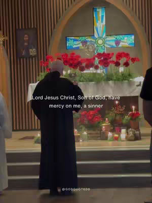 The image shows a person in religious garb seen from the back, standing inside of a church. In the background a decorated alter shows a cross and floral. Text is overlayed on the image.