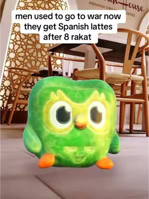 The cover image features a large, plush Duolingo owl toy as the central focus, set against the blurred background of a modern cafe. The owl, primarily green with a yellow beak and eyes, sits on what appears to be a wooden surface. Above the owl, text overlayed on the image discusses the evolution of modern men's activities, contrasting war with seeking Spanish lattes.