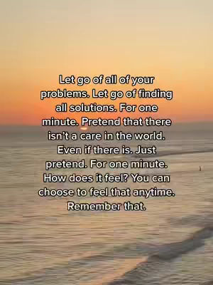 The cover image displays a serene seascape with a sunset background. The sky transitions from shades of orange to yellow, reflecting on the water. Overlaid on this is white text containing an inspirational message about letting go of problems and finding peace.