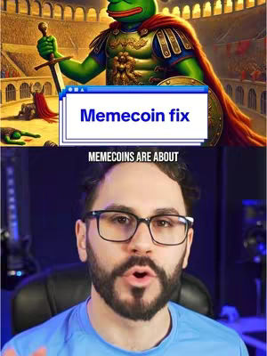 The cover image has split view of a male speaker on the bottom and a frog dressed like a gladiator in an arena at the top. A text overlay box with the words Memecoin fix is in front of the frog.