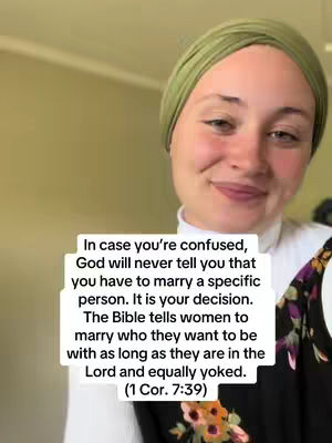 A woman in a green headscarf is shown in a well-lit indoor setting. There are white text boxes that include a quote relating to marriage and Christianity. She wears a white top and a patterned jacket, and her expression is kind.