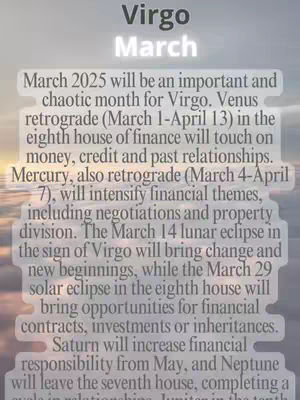 The cover image features a layered design with text overlays on a blurred background. The top layer includes the name "Virgo" and the word "March". The background appears to be a soft gradient of colors, possibly depicting a sky or landscape. The text is in a clear, readable font, contrasting against the blurred background.