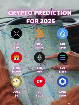 The cover image shows a person's hands pointing at a map with different cryptocurrency logos and their predicted values for 2025. The text overlay states "CRYPTO PREDICTION FOR 2025".