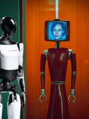 The image features two robots in a room. On the left, a black and white robot stands with its back to the viewer. On the right, a red robot with a screen for a head looks towards the left. The background is a mix of green and orange, providing a contrasting backdrop.