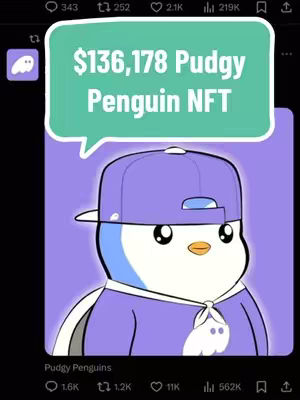 The image features a cartoon penguin wearing a purple cap and clothing, set against a purple background. A speech bubble states, '$136,178 Pudgy Penguin NFT'. The overall composition appears to be promoting an NFT.