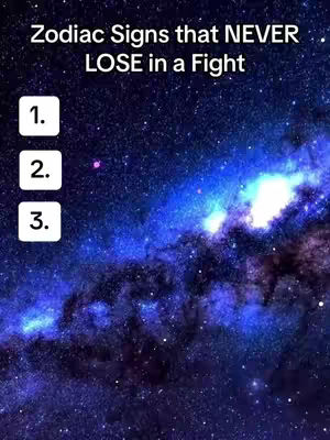 The cover image features a stylized depiction of space. The majority of the image is filled with a nebula, exhibiting a blend of blue, purple, and white hues. On the left side, three white rectangular boxes are stacked vertically, each labeled with a number: 1, 2, and 3. The text overlay at the top reads 'Zodiac Signs that NEVER LOSE in a Fight.'