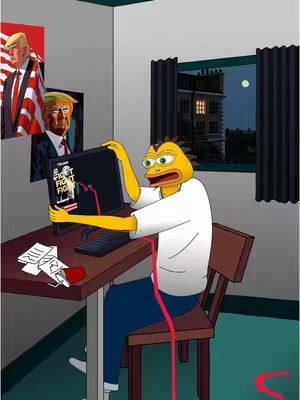 An illustrated scene shows a cartoon character, resembling Pepe the Frog, sitting at a desk in a room. On the desk is a computer screen displaying a graph with a downward trend. The character looks concerned, holding their head. Behind them, posters of Donald Trump are visible, and the window shows a nighttime cityscape. The overall composition suggests a meme or satirical commentary on financial losses, possibly related to cryptocurrency.