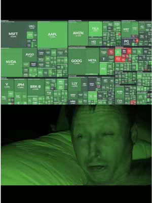 The cover image is split into two sections. The upper half shows a green financial data display with stock tickers and company names. The lower half features a person lying on a pillow, illuminated with green light, and looking directly at the camera with a slightly surprised expression.