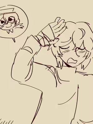 A line art drawing of a character from the Bungo Stray Dogs anime series. The character on the right is hunched over, hand on their forehead, and a speech bubble overhead shows another character with a surprised expression.