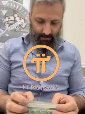 A man with gray hair and a beard filmed from the chest up holds cash, a Pi Network logo graphic at mid chest, and the backdrop of a clock.