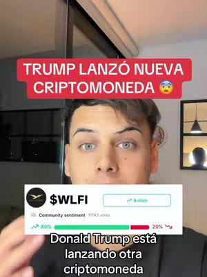 A young man with short brown hair and light eyes looks directly at the camera, with a surprised expression. Above him, a red banner reads "TRUMP LANZÓ NUEVA CRIPTOMONEDA" in white text. Below, a graphic shows a cryptocurrency logo and community sentiment data.