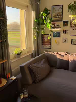 An interior shot of a bedroom with a window and a bed. The window is positioned on the left side of the frame, letting in natural light. A bed with a gray duvet and pillows is visible on the right. A small plant is placed on the window sill. The room is decorated with various items, including photos on the wall. The overall tone is warm and inviting due to the natural light and the interior decor.