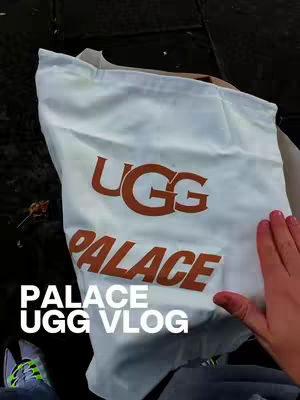The cover image shows a person holding a white tote bag with the UGG and Palace brands printed on it. The bag is being held in front of a dark surface, likely an outdoor setting. Below the bag, there is a person's feet in shoes. The text 'PALACE UGG VLOG' is overlaid at the bottom, in white letters.