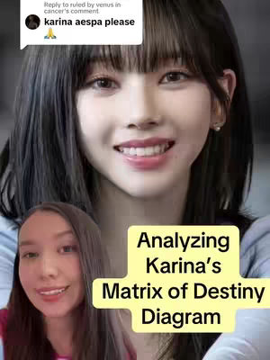 The cover image is a vertical composition featuring two main elements: a close-up photo of a smiling woman, identified as Karina from aespa, and a smaller inset image of another woman, possibly the creator. Overlayed on the image is a yellow rectangular box containing the text 'Analyzing Karina's Matrix of Destiny Diagram.' The background of the image includes parts of an out-of-focus setting, with a hint of a blue hue near the top, while the inset image has a simple, blurred background. The color palette consists mainly of skin tones, neutral colors, and the yellow of the text box.