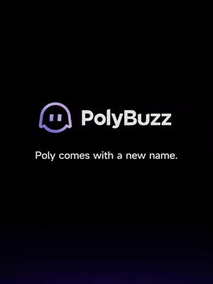 The cover image is set against a dark background that transitions from a deep purple at the bottom to black at the top. Centered near the top is the PolyBuzz logo, featuring a cartoonish, purple speech bubble with eyes, next to the words PolyBuzz in white text. Below, in a smaller font, it says 'Poly comes with a new name.'