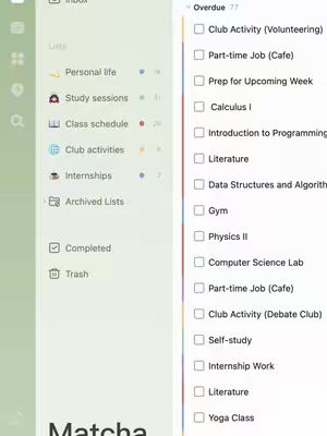 The cover image is a screenshot of the TickTick app's interface, showcasing a to-do list with various tasks. The background is a gradient of light colors.  The left side displays a menu with list categories labeled 'Personal life,' 'Study sessions,' and others, while the right shows the 'Overdue' tasks, including 'Club Activity' and 'Part-time Job.' The overall composition is clean and organized. 