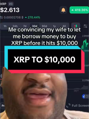 A selfie-style video cover image showing a man's face, in the lower half of the frame, with a financial market graphic overlayed in the upper half. The overlay shows stock data and a green rise indicator, alongside a notification bell icon. A text bar spans across the center of the image with its text reading, "XRP TO $10,000". The background appears to be a trading app interface.