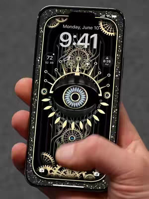 A person's hand holding an iPhone showing a detailed, steampunk-inspired live wallpaper. The wallpaper features a black background with intricate gears, circuits, and a central eye motif. The time and date are displayed at the top, with weather information on the left. The person's finger is touching the screen, and the overall color palette is black, gold, and silver.