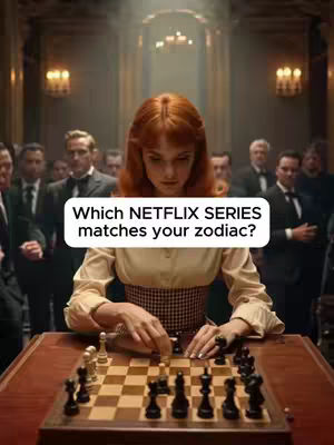 A woman with red hair is in the front and center of the frame, poised over a chessboard. Other people are in the background of a room with ornate decor and two wall sconces. A text overlay reads, "Which NETFLIX SERIES matches your zodiac?"