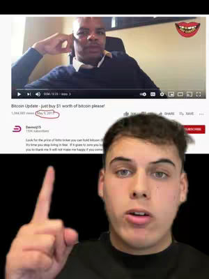 The cover image is a vertical collage. The bottom half features a young man looking directly at the camera, pointing upwards with his right index finger. He has short dark hair and a neutral expression with a slightly open mouth. Above him is a screenshot of a YouTube video, framed within the image. The video shows a man in a blue sweater sitting indoors.