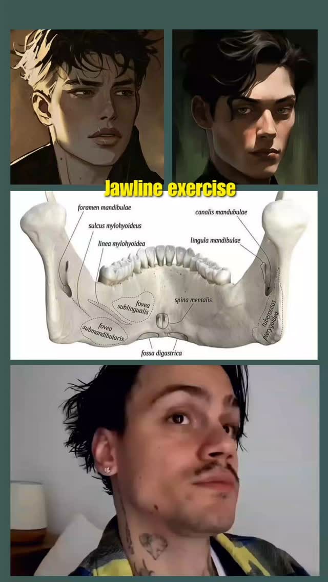 The cover image is a collage. The top two sections feature stylized illustrations of a man's face – one with a side profile, the other a frontal view. Below, a diagram of a human mandible is displayed, detailing anatomical features. At the bottom, a live-action photo shows a man making a facial expression. The overall composition uses a teal border and a mix of image styles.