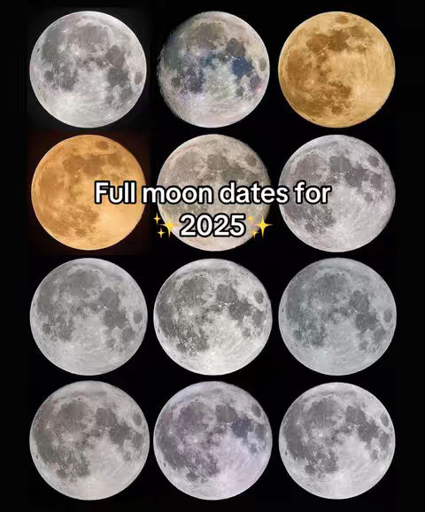 The image is a grid of twelve circular images, each depicting a different phase of the moon. The moons vary in color and detail, from bright white to golden and grey, set against a black background. The text "Full moon dates for 2025" is superimposed over the image.