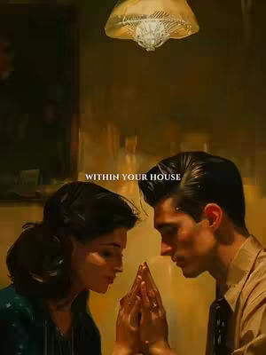 An artistic, painterly image featuring a man and woman holding hands in a moment of intimate connection. They are facing each other, with their hands and faces close together. The man is on the right side of the frame and is wearing a light-colored dress shirt and tie. The woman on the left has dark hair. The background is softly lit with warm tones, and a decorative light fixture is visible at the top. The overall effect evokes a mood of love and contemplation.