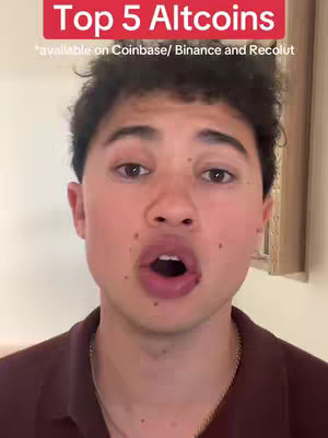 A close-up shot of a young man with dark hair and a textured appearance. He has an open mouth and appears to be speaking. Above him, a red banner displays the text 'Top 5 Altcoins,' with smaller text underneath that says, "available on Coinbase/ Binance and Recolut." The background is blurred.