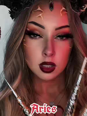 A close-up shot features a young woman with elaborate makeup, including dark red lipstick and dramatic eye shadow. She wears a black headpiece with horns. The image has a red gradient, and the text 'Aries' is overlaid.