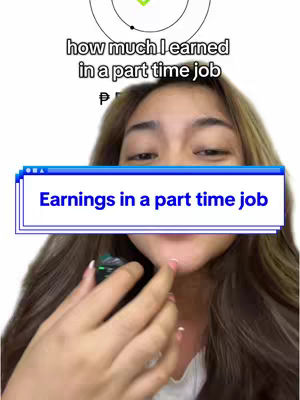 A selfie-style shot with a fair-skinned woman in the foreground, partially visible from the chest up. She has brown hair, and is holding a small device in one of her hands. A text overlay at the top reads, "how much I earned
in a part time job". Below her chin, another text overlay framed in a blue box reads "Earnings in a part time job". The background appears to be a solid white.