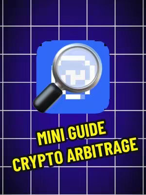 The cover image has a grid background in various shades of blue. At the center is a blue square with the image of a magnifying glass. Below it, the words "MINI GUIDE CRYPTO ARBITRAGE" are written in a vibrant, eye-catching color.