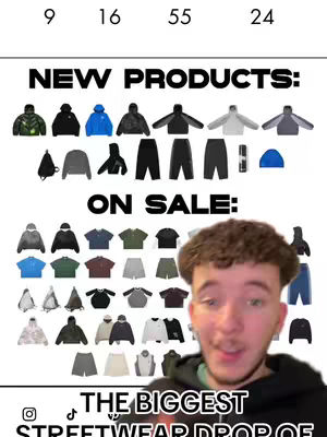 The cover image features a product display with the head and shoulders of a man in the bottom right corner. The background is white with a grid of clothing items—various jackets, shirts, pants and accessories. Above the clothing is the text 'NEW PRODUCTS:' and 'ON SALE:'. The man is smiling and appears to be the host or presenter.