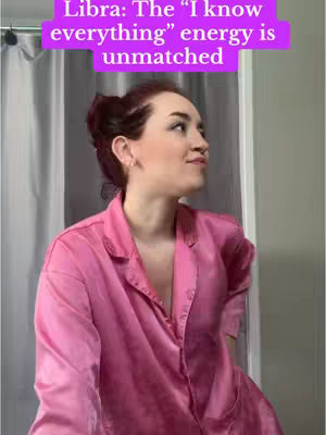 A woman with red hair and a pink satin shirt is looking up to the side as the image has a purple overlay where it says "Libra: The 'I know everything' energy is unmatched."