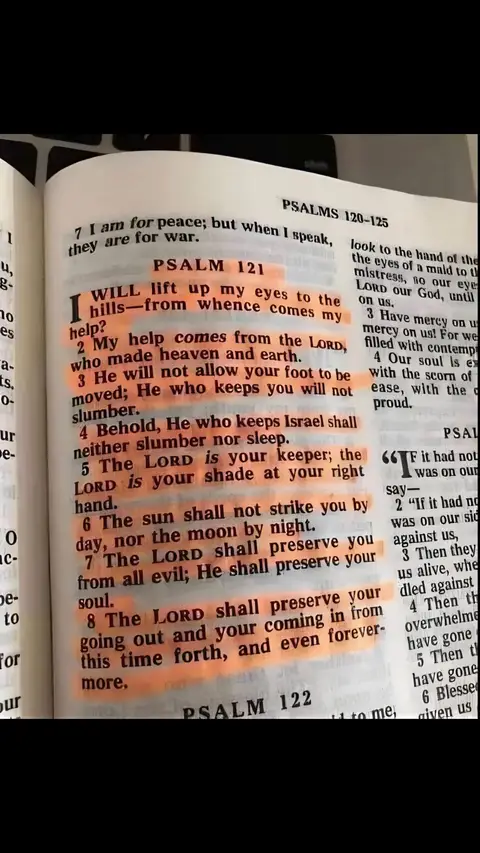 The image showcases an open book with highlighted biblical text. Orange highlighter marks specific verses, and the composition includes the top edge of the book, adding depth and visual structure. The overall hue is warm with the yellowed pages of the Bible and illuminated highlighter.
