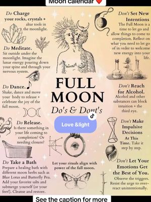 An illustrated infographic with a cream-colored background. In the center, there's an illustration with two faces on each side, with a crescent moon on their heads. The words 'FULL MOON' are prominently displayed, above 'Do's & Dont's'. Illustrations and text are arranged around this central element, organizing information into 'Dos' and 'Dont's' related to the full moon. A small pink heart shape is present on the top. The overall layout is designed to provide guidance on full moon rituals and practices. There's also the tiktok symbol at the middle bottom.